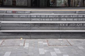 Poetry by Robert Sullivan carved into the Auckland Library steps. Photo credit: Tom Moody